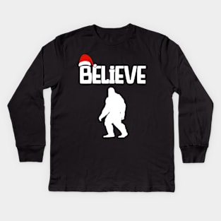 Funny Christmas Xmas Bigfoot Believe Sasquatch In Moon Light Kids Long Sleeve T-Shirt